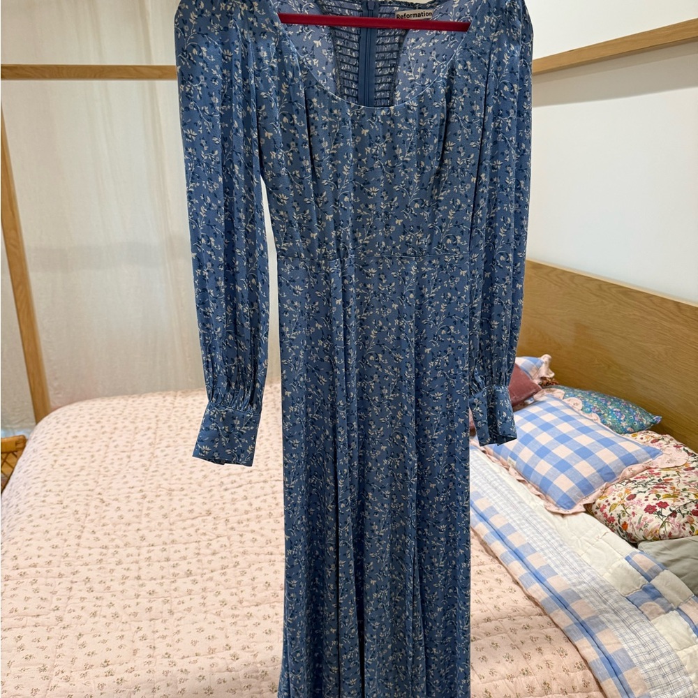Reformation Blue Floral Long Sleeve Dress